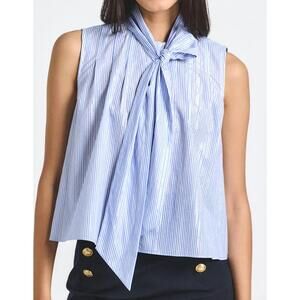 NEW DEREK LAM 10 CROSBY aviana lurex stripe tie neck top in blue